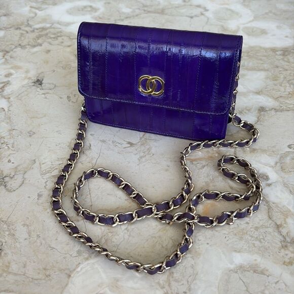 Genuine Eel-skin Mini Shoulder / Clutch Bag with Chain & Leather Strap - Picture 2 of 16